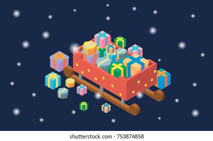 Isometric vector sleigh with gifts.
Merry Christmas illustration.
snowing.