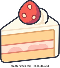 Isometric vector of a slice of strawberry cream cake with whipped topping.
