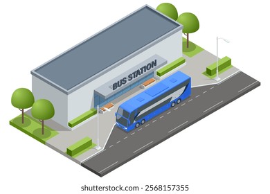 Isometric vector of a small bus station labeled Bus Station with a blue bus parked outside and surrounding greenery. Represents urban and intercity transport