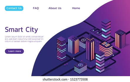 Isometric vector smart city 3d illustration. Include neon city, trees, roads, transport. 