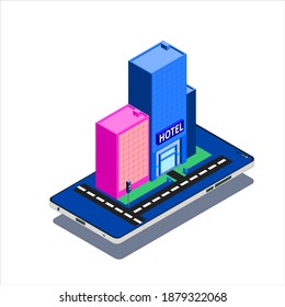 smartphone vectorial isométrico con ilustración hotelera 3D, adecuado para elementos de diseño sobre tecnología, internet, comercio electrónico, medios y temas móviles.