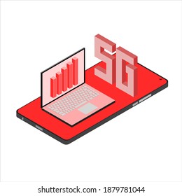 isometric vector smartphone with a 5G graphic illustration with a laptop and a red signal bar, suitable for design elements on the theme of internet, technology, telecommunications,  and mobile phone