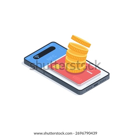 An isometric vector smartphone with a bank card on the screen and falling coins, in color on a white background, cashless payment for services and goods using NFC technology.
