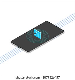 isometric vector smartphone with blue 5G graphic illustration, suitable for design elements on the theme of technology, internet, telecommunications, media and mobile phones.