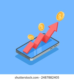 isometric vector smartphone and chart arrow with gold coins, in color on blue background, financial statistics or profit growth