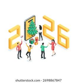 Smartphone de Vector isométrico con un árbol de Navidad en la pantalla y los números 2026 con personas que celebran y regalos, en color sobre un fondo blanco, año Nuevo o una fiesta mundial
