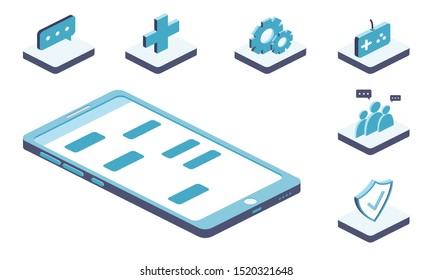 Isometric vector smartphone interface 3d illustration. Include smartphone, icons, platforms. 