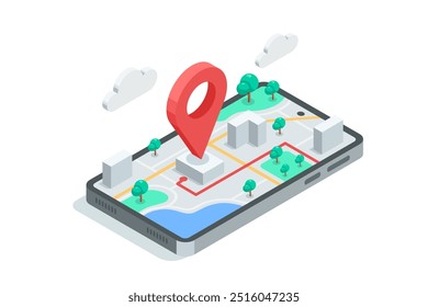 Vetor isométrico smartphone com mapa e ícone de localização, em cor sobre fundo branco, rota de pesquisa por mapa ou geodata