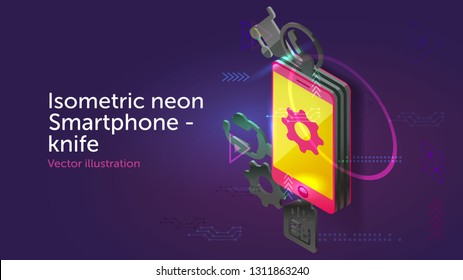 Isometric vector smartphone in shape of army knife with many task tools. Functions or options is like an army multyfunctional knife.  Usable for web site design, logo, app, UI, posters.