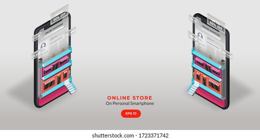 Isometric vector of smartphone showing online shopping interface with storefront, stairs, and sale tags. E-commerce concept in digital mobile layout for retail business and apps.