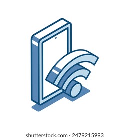 isometric vector smartphone and signal linear icon, in color on a white background, wifi zone or stable communication signal