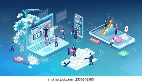 Isometric vector of software development team working on new startup, mobile app creation, website design
