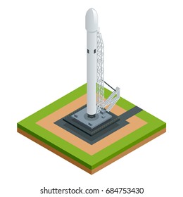 Isometric vector space rocket isolated on white the two-stage-to-orbit rocket spaceship on starting platform