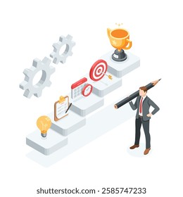 isometric vector staircase with cup icons with target and arrow and calendar and plan on sheet of paper, in color on white background, path from idea to business success