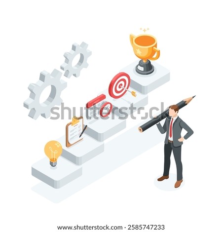 isometric vector staircase with cup icons with target and arrow and calendar and plan on sheet of paper, in color on white background, path from idea to business success