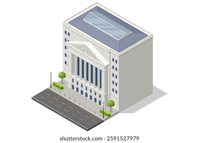 Isometric vector of a stock exchange building with large gold coins and stock market charts in the background. Stock trading, cryptocurrency, forex, investment