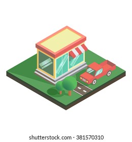 Isometric vector of suburb supermarket in retro colors