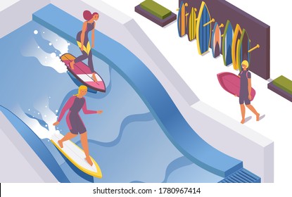 Isometric Vector Surf Wave Pools At The Hotel, Water Park. 3d Surfer School, People Train To Stand On The Board.