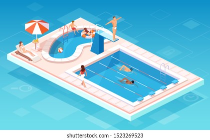 Isometric vector of a swimming pool with swimmers competing, people relaxing by the smaller pool, lifesaver being on guard