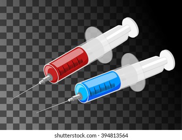 Isometric vector syringe with drop red blood liquid isolated 