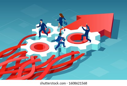 Isometric vector of tangled arrows processed by businesspeople orderly into a straight arrow. Business process management concept.