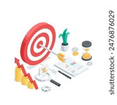 isometric vector target with an arrow in the center and a chart of coins with an arrow as well as a magnifying glass and an hourglass, in color on a whit background, business success and achieving 