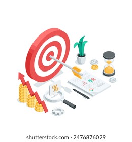 isometric vector target with an arrow in the center and a chart of coins with an arrow as well as a magnifying glass and an hourglass, in color on a whit background, business success and achieving 