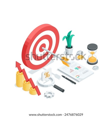 isometric vector target with an arrow in the center and a chart of coins with an arrow as well as a magnifying glass and an hourglass, in color on a whit background, business success and achieving 