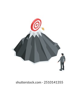 isometric vector target with arrow on top of mountain and businessman man, in color on white background, achieving set goal