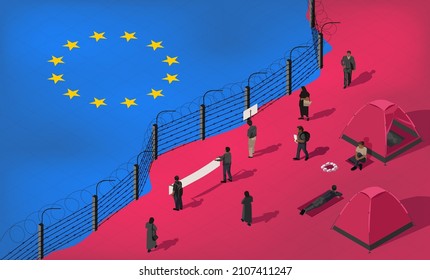 Isometric vector. Tent camp for refugees and migrants on the border with Europe. Barbed wire fence. Flag of the European Union. Rally of people for peace, rights and freedom. hybrid war 