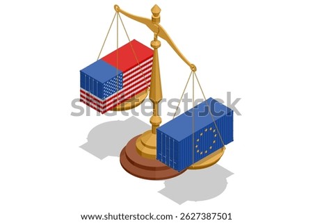 Isometric vector of trade balance between US and EU, symbolized by containers on golden scales, representing tariff tensions and international trade disparities. Import tariffs, trade war and economic