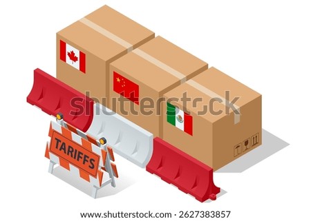 Isometric vector of trade restrictions symbolized by blocked boxes labeled with flags of China, Canada, and Mexico, emphasizing tariff barriers. Import tariffs, trade war and economic conflict