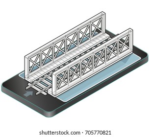 Isometric vector train bridge in mobile phone. Construction industrial transportation building. Wire architecture plan. 3d building planning of railway bridge in communication technologies, isolated.