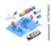 isometric vector transport for transporting goods by air by water and by land with a world map with location icons, in color on a white background, plane and train with ship and cars