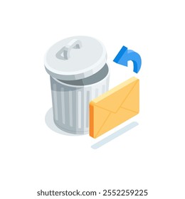 isometric vector trash can and envelope, in color on white background, spam or email trash bin