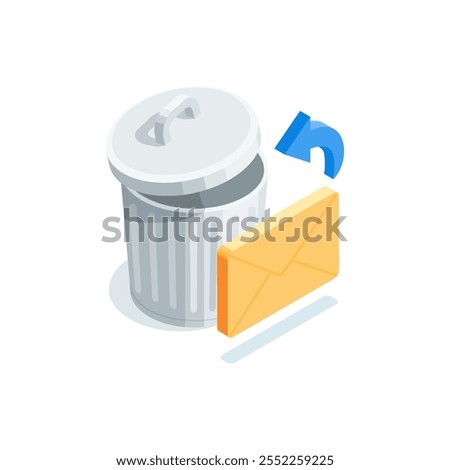 isometric vector trash can and envelope, in color on white background, spam or email trash bin