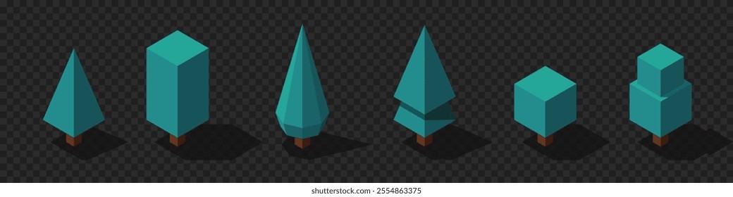 Isometric vector tree at night set. Tree isometric set elements. Isometric trees elements for landscape design. Park element set