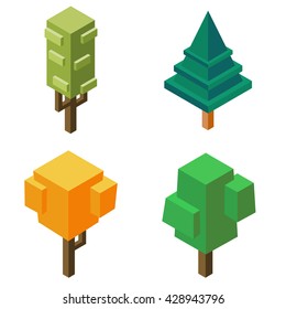 Isometric vector tree set. Collection the polygon's trees in various colors. Vector illustration