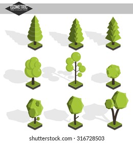 Isometric vector tree set. Landscape constructor kit. Different trees for make design. Low poly