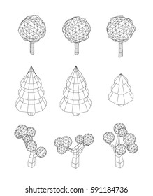 Isometric vector tree set. Landscape constructor kit. Different trees for make design. Low poly spruce, apple, decorative shrub, linden, maple, pine and firtree. Black and white wireframe style