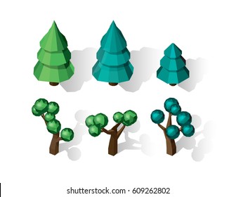 Isometric vector tree set. Landscape constructor kit. Different trees for make design. Low poly spruce, apple, decorative shrub, linden, maple, pine and firtree.