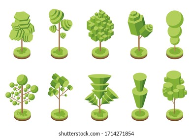 Árboles vectoriales isométricos para el bosque, parque, árboles de ciudad. 3D. Iconos constructores de paisajes para juegos, mapas, impresión. Aislado sobre un fondo blanco.