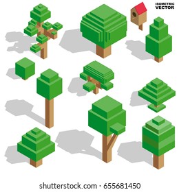 Isometric vector trees set for forest, park, city. Landscape constructor kit icons for game, map, prints, ets. Isolated on white background.