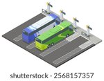 Isometric vector of two intercity buses parked at a modern bus station with designated lanes and timetable signs. Concept of organized and efficient public transportation