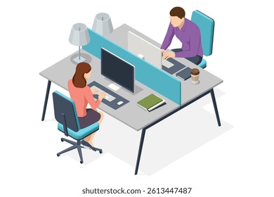 Isometric vector of two people working at a dual workstation, separated by a panel in a quiet modern coworking office. Business planning, work strategy, coworking space