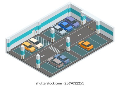 Isometric vector underground parking illustration with color-coded sections, marked slots, and directional arrows for seamless navigation and modern parking management