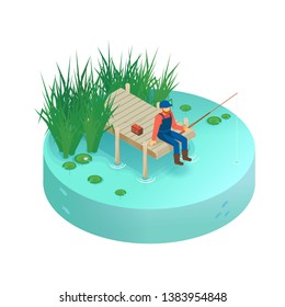 Isometric vector vacation on the lake. Pier on the lake, river, pond. Fisherman fishing on the pier. A man with a fishing rod sitting on the pier.