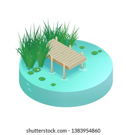 Isometric Vector Vacation On The Lake. Pier On The Lake, River, Pond.