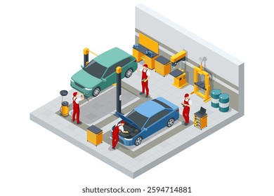 An isometric vector view of a busy auto repair bay with mechanics changing tires on a blue sedan, showcasing a functional, organized 3D workshop scene.