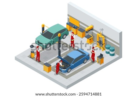 An isometric vector view of a busy auto repair bay with mechanics changing tires on a blue sedan, showcasing a functional, organized 3D workshop scene.